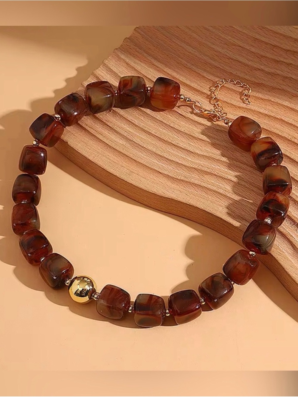 Brown Agate Bead Necklace with Gold Accent
